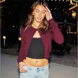 Wilfred Soft Merino Wool and Cotton Burgundy Cardigan Aritzia